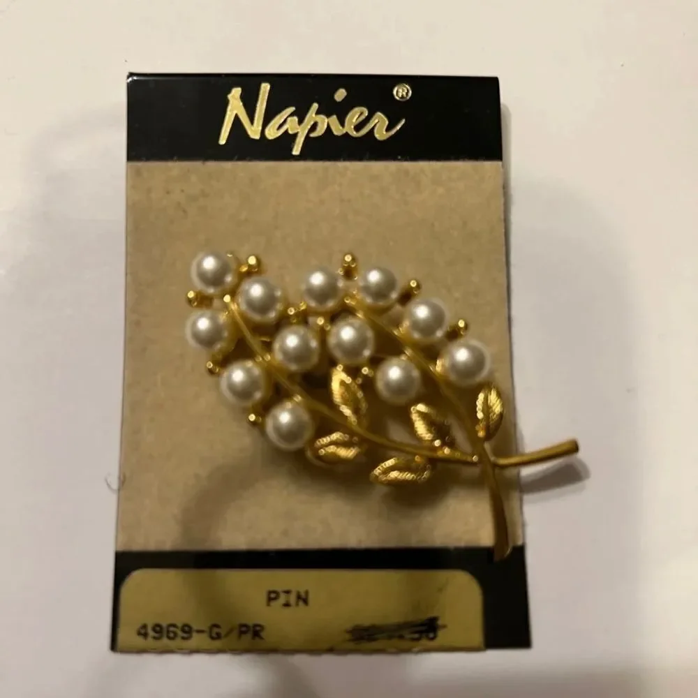Vintage Napier Gold Tone Faux Pearl Leaves & Branches Pin/Brooch 2 3/8” Wide